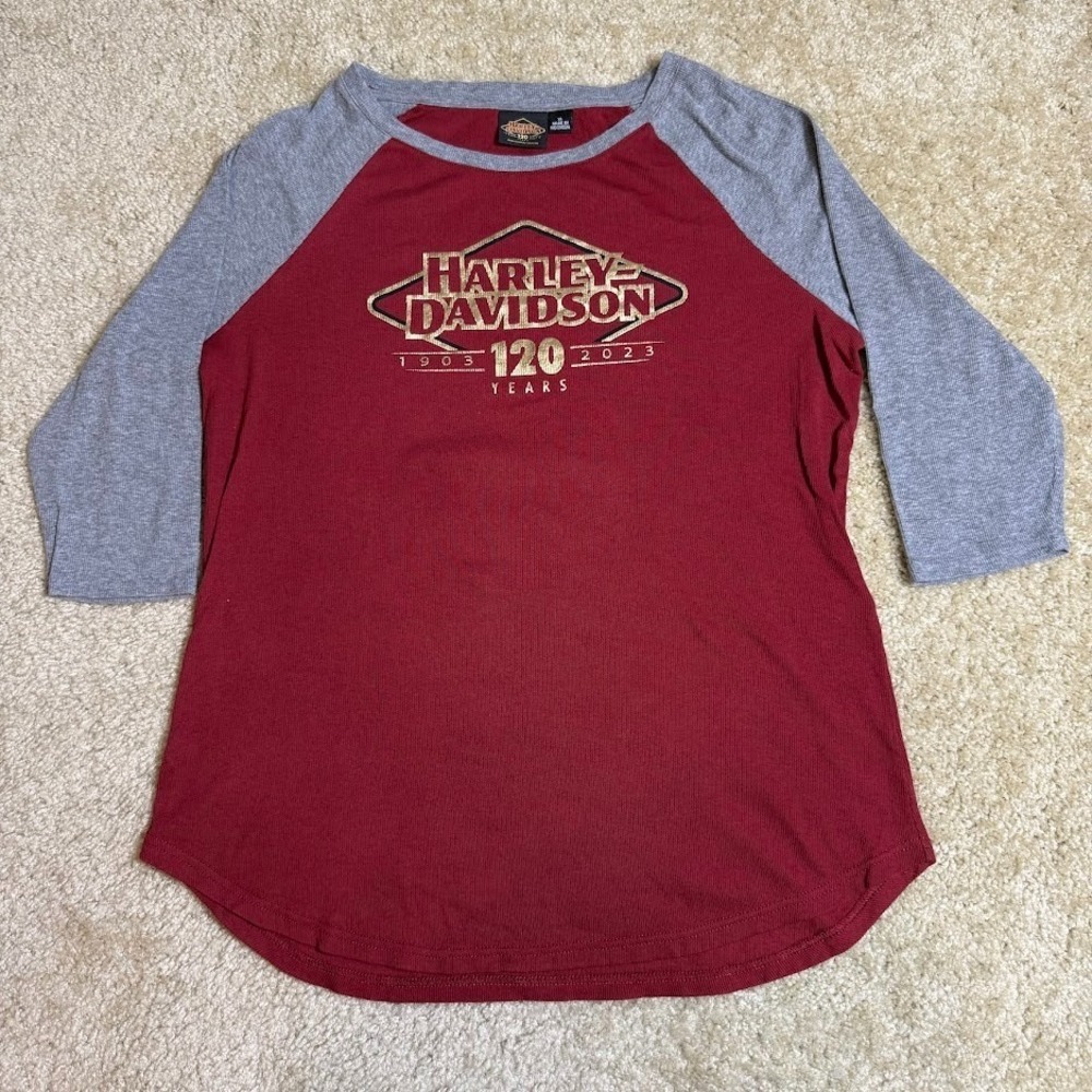 Harley-Davidson 120th Anniversary Raglan Shirt XL Burgundy Grey 3/4 Sleeve Top‎